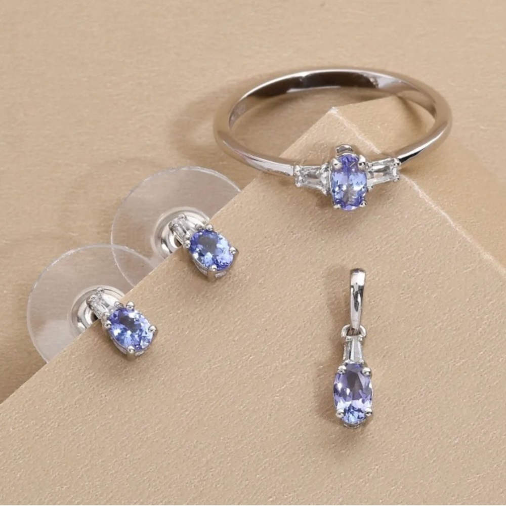 NWT Tanzanite & White Zircon Suite!Earrings,Pendant,Ring in .925 Sterling Silver - Picture 2 of 10